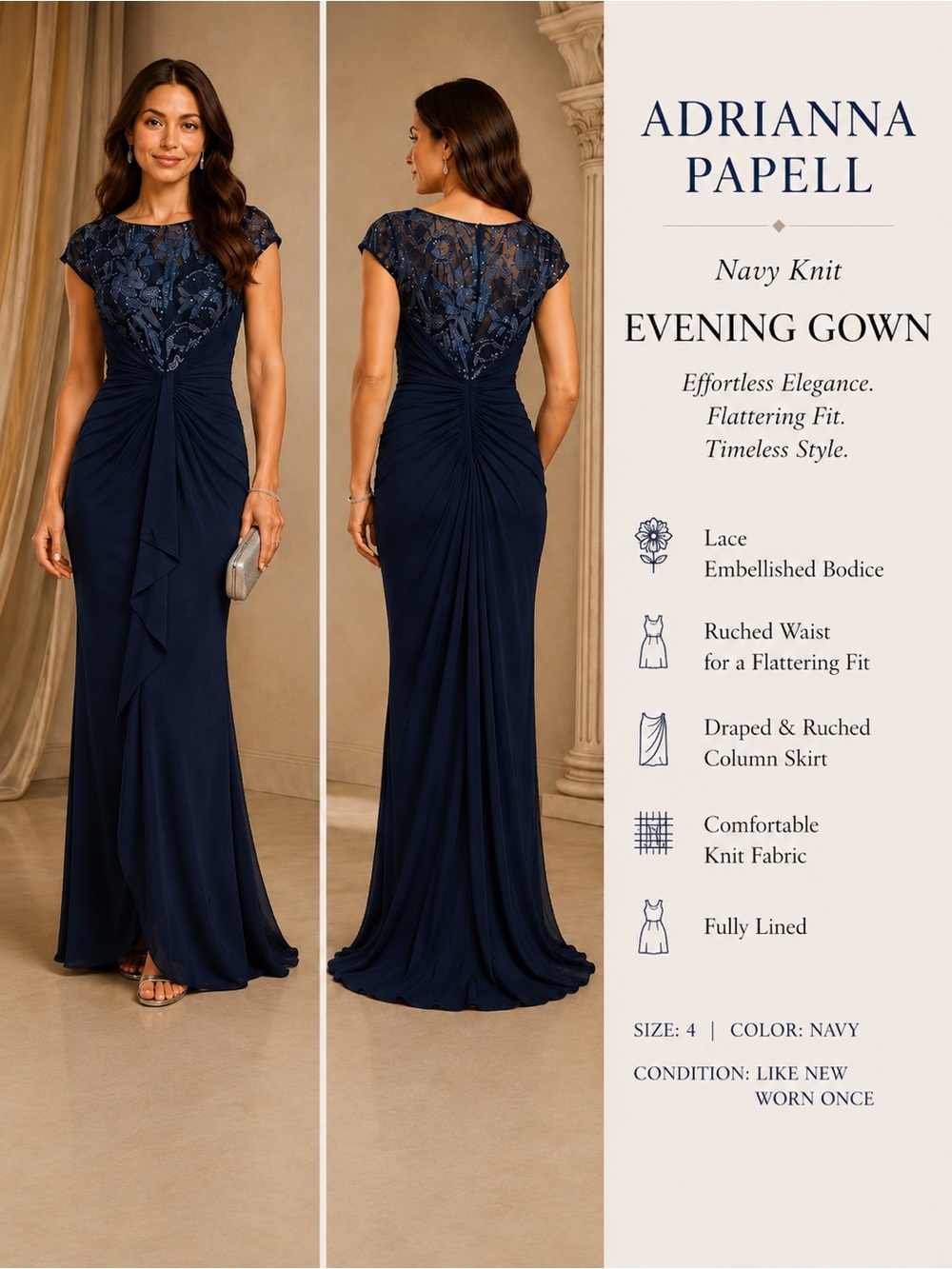Adrianna Papell Navy Embellished Formal Gown Ruched Column Dress Lace Bodice Sz4